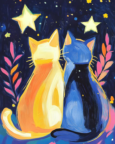 Chat Bleu et Chat Orange sous le Ciel Étoile Broderie Diamant