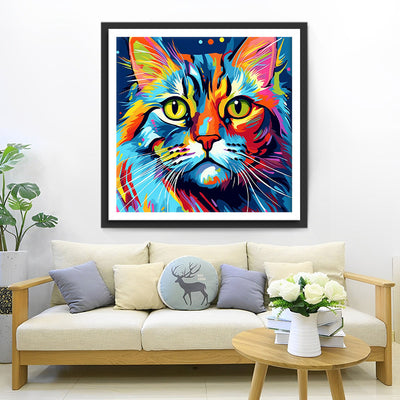 Chat Coloré aux Yeux Verts Broderie Diamant