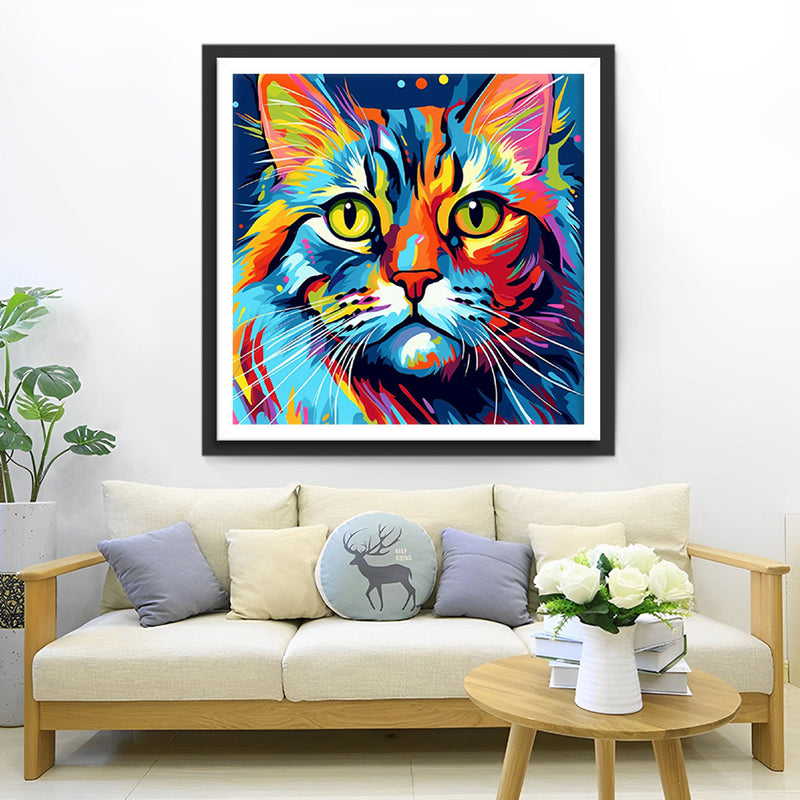 Chat Coloré aux Yeux Verts Broderie Diamant