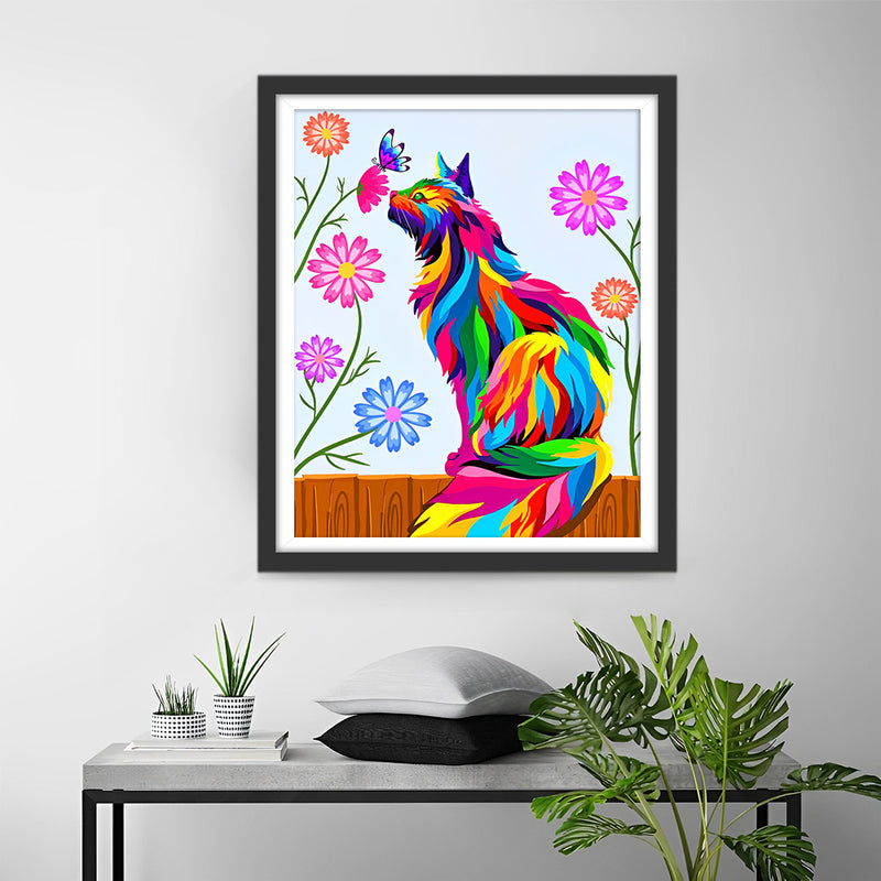 Chat Coloré et Chrysanthèmes Broderie Diamant
