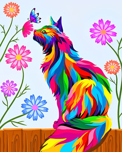 Chat Coloré et Chrysanthèmes Broderie Diamant