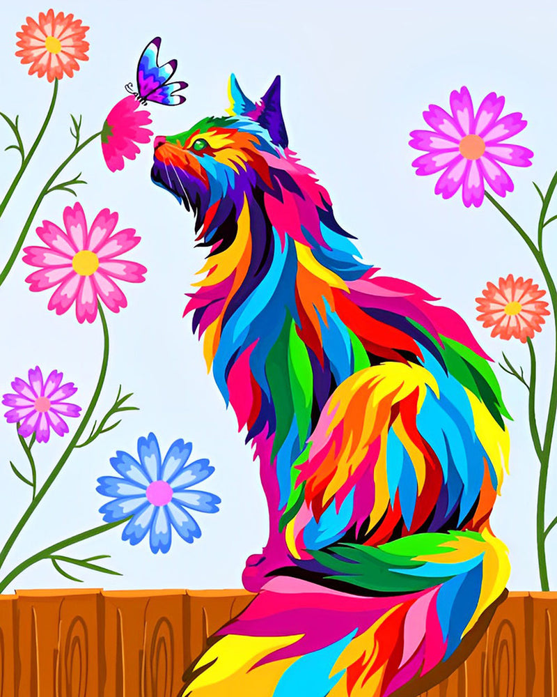 Chat Coloré et Chrysanthèmes Broderie Diamant