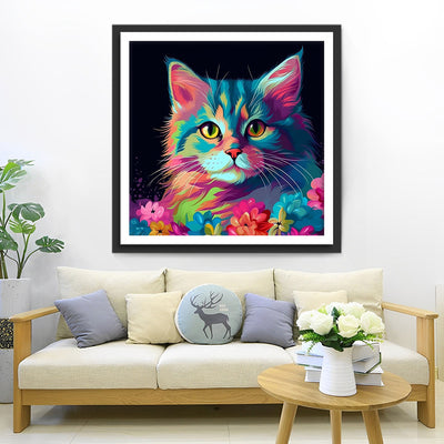 Chat Coloré et Fleurs dans le Noir Broderie Diamant