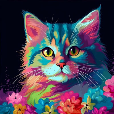 Chat Coloré et Fleurs dans le Noir Broderie Diamant