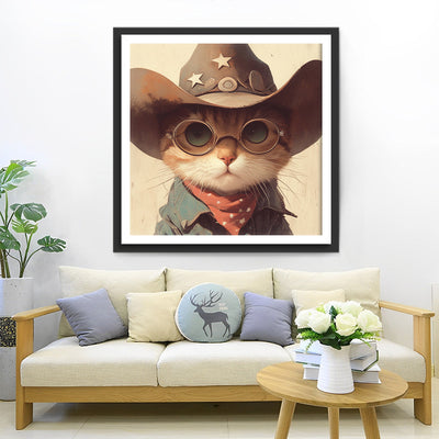 Chat Cow-boy Avec des Lunettes Broderie Diamant