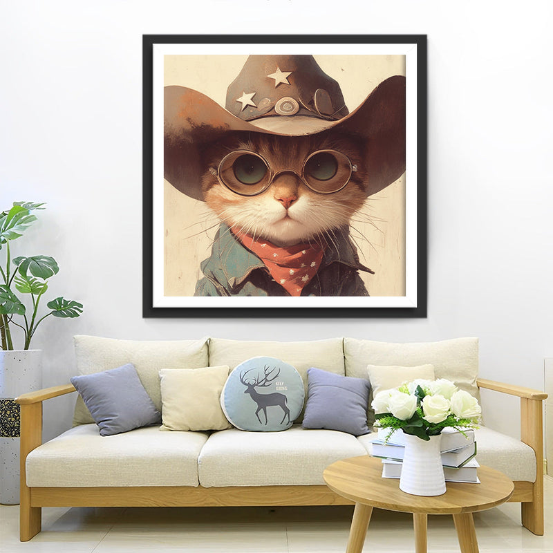 Chat Cow-boy Avec des Lunettes Broderie Diamant