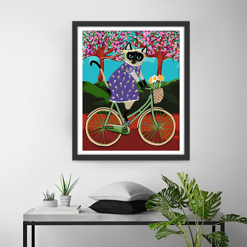 Chat Dessine à Vélo Broderie Diamant