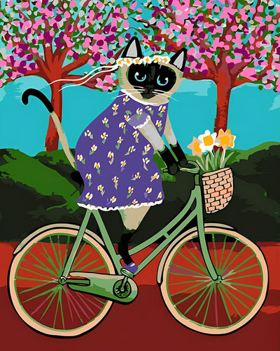 Chat Dessine à Vélo Broderie Diamant