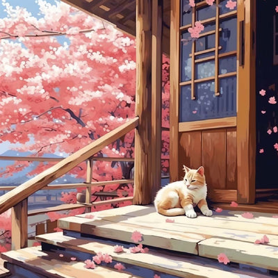 Chat devant la Maison en Bois Broderie Diamant