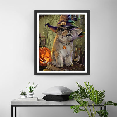Chat d'Halloween Decoupe Portant un Chapeau de Sorcier Broderie Diamant