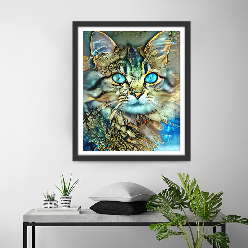 Chat Doré aux Yeux Bleus Broderie Diamant