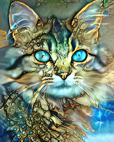 Chat Doré aux Yeux Bleus Broderie Diamant