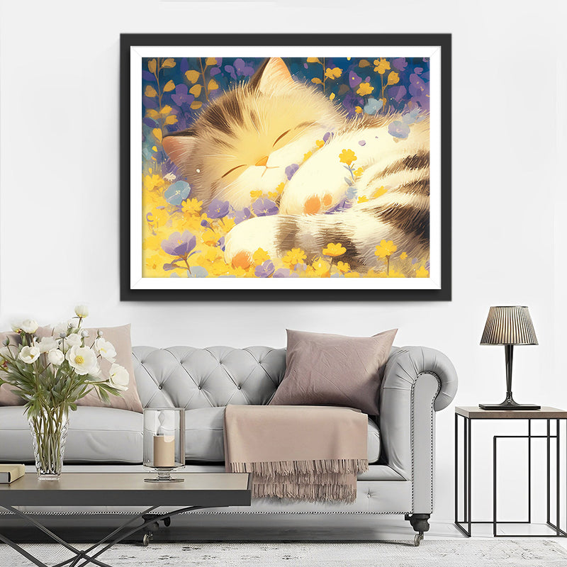 Chat Dormant dans les Fleurs Broderie Diamant