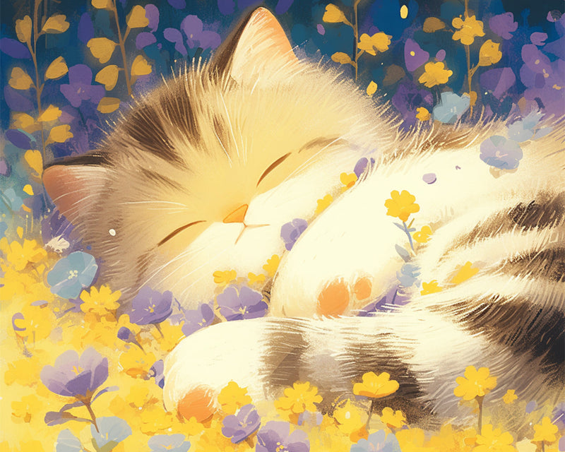 Chat Dormant dans les Fleurs Broderie Diamant