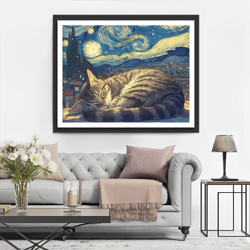 Chat Dormant sous le Ciel Étoilé Broderie Diamant