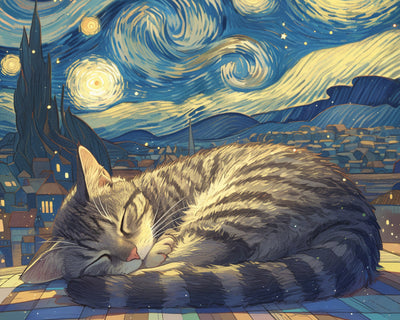 Chat Dormant sous le Ciel Étoilé Broderie Diamant