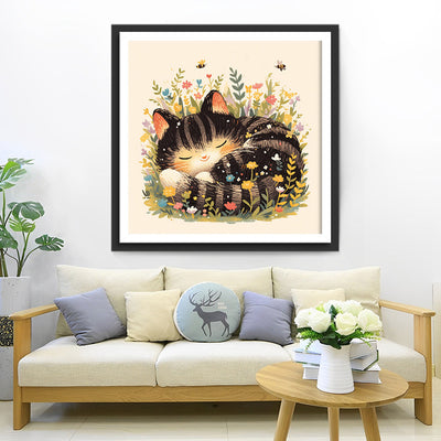 Chat Endormi parmi les Fleurs Broderie Diamant