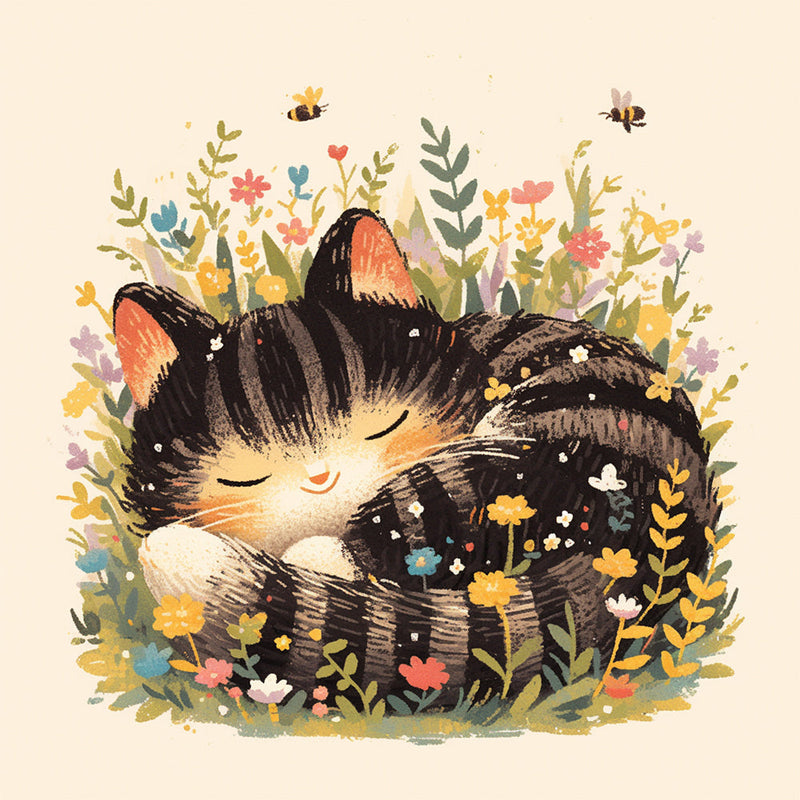 Chat Endormi parmi les Fleurs Broderie Diamant
