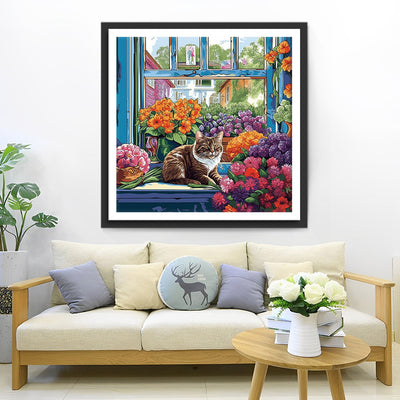 Chat Entoure de Pots de Fleurs Broderie Diamant