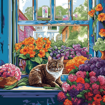 Chat Entoure de Pots de Fleurs Broderie Diamant