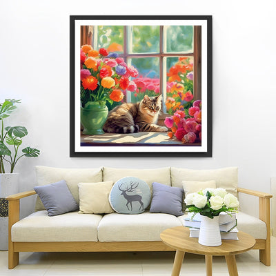 Chat et Magnifiques Fleurs sur le Rebords de Fenêtre Broderie Diamant