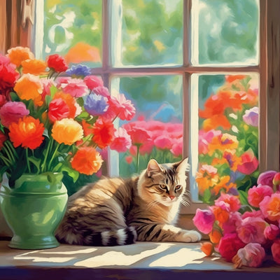 Chat et Magnifiques Fleurs sur le Rebords de Fenêtre Broderie Diamant