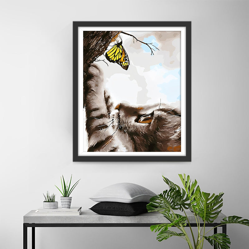 Chat et Papillon Jaune Broderie Diamant