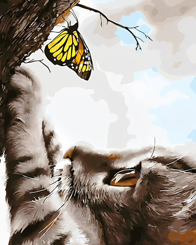 Chat et Papillon Jaune Broderie Diamant