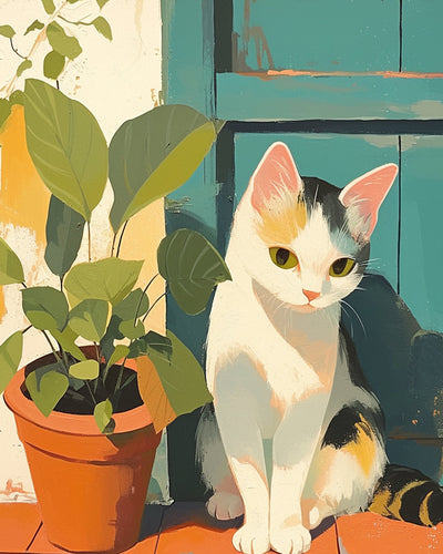 Chat et Plante à la Porte Broderie Diamant