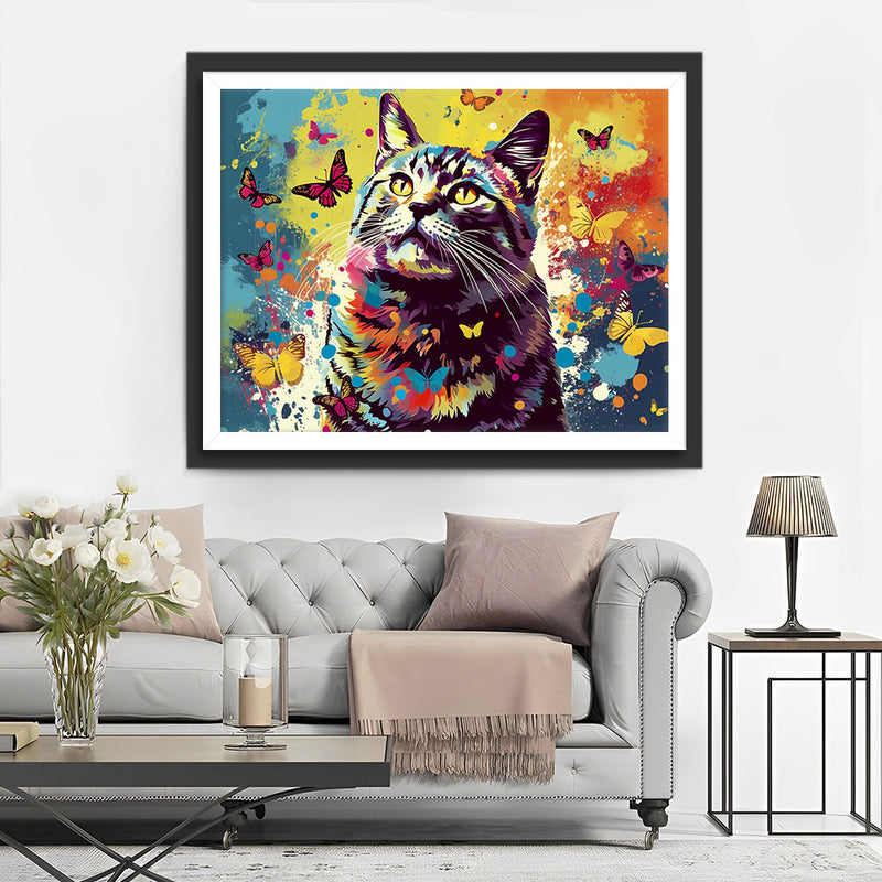 Chat et Plusieurs Papillons Broderie Diamant