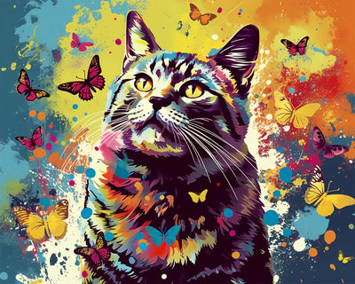 Chat et Plusieurs Papillons Broderie Diamant