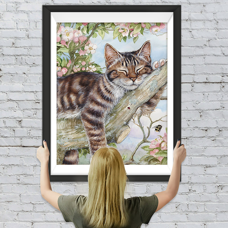 Chat Fainéant Dormant Sur la Branche Broderie Diamant
