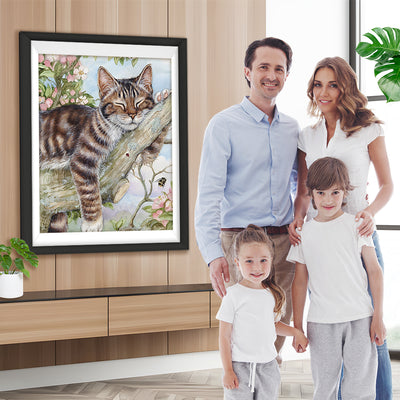 Chat Fainéant Dormant Sur la Branche Broderie Diamant