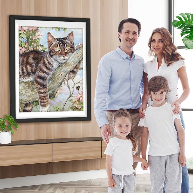 Chat Fainéant Dormant Sur la Branche Broderie Diamant