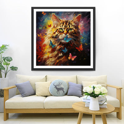 Chat Jaune et Papillons Broderie Diamant
