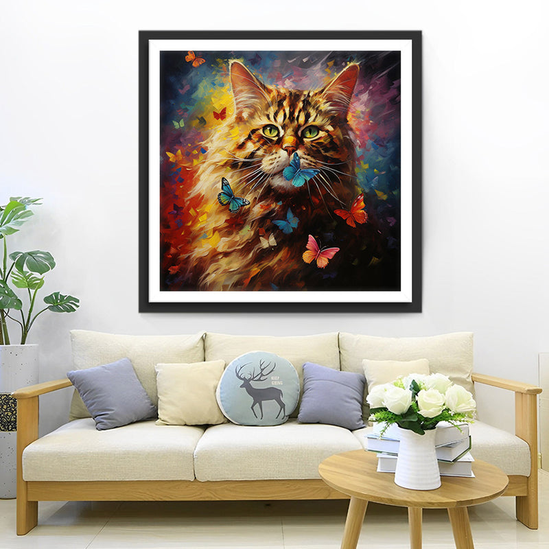 Chat Jaune et Papillons Broderie Diamant