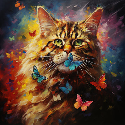 Chat Jaune et Papillons Broderie Diamant