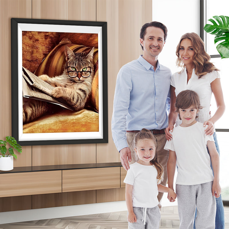 Chat Lit le Journal Broderie Diamant