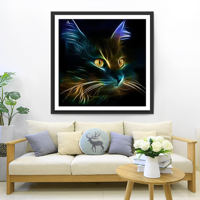 Chat Lumineux dans le Noir Broderie Diamant