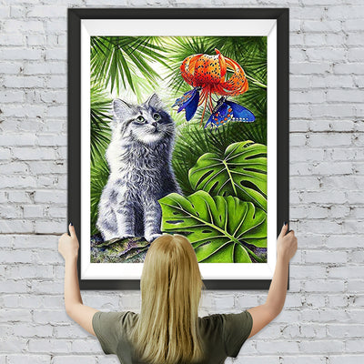 Chat Maine Coon et Fleur Rouge Broderie Diamant