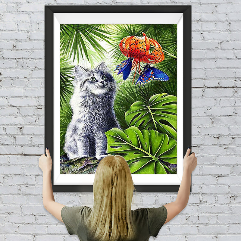 Chat Maine Coon et Fleur Rouge Broderie Diamant