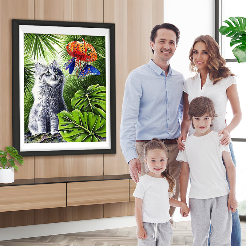 Chat Maine Coon et Fleur Rouge Broderie Diamant