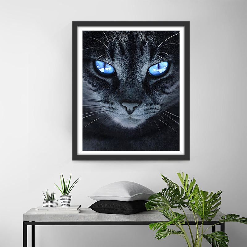 Chat Noir aux Yeux Bleus Broderie Diamant