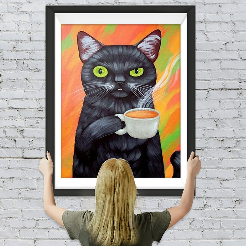 Chat Noir Buveur de Latte Broderie Diamant