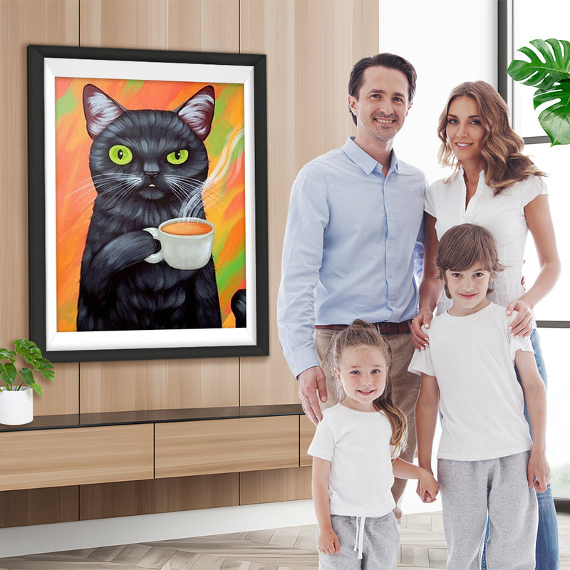 Chat Noir Buveur de Latte Broderie Diamant