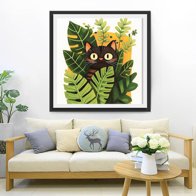 Chat Noir Caché dans les Plantes en Pot Broderie Diamant