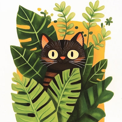 Chat Noir Caché dans les Plantes en Pot Broderie Diamant