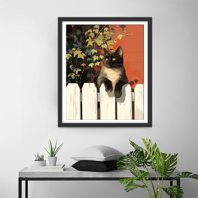 Chat Noir Couche sur la Clôture Broderie Diamant