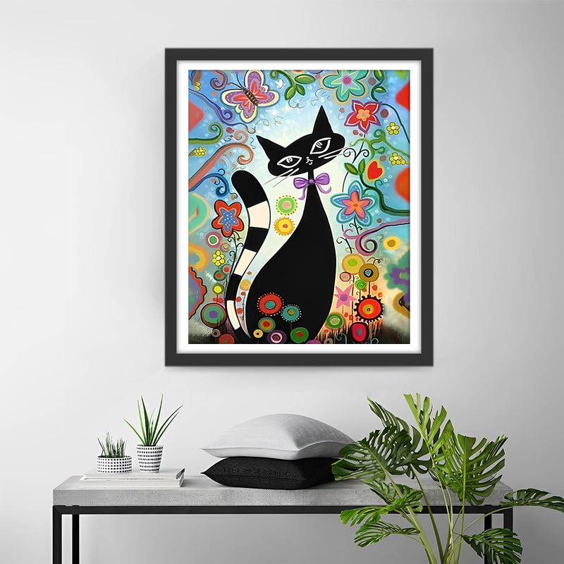 Chat Noir de Dessin Animé et Fleurs Broderie Diamant
