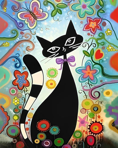 Chat Noir de Dessin Animé et Fleurs Broderie Diamant